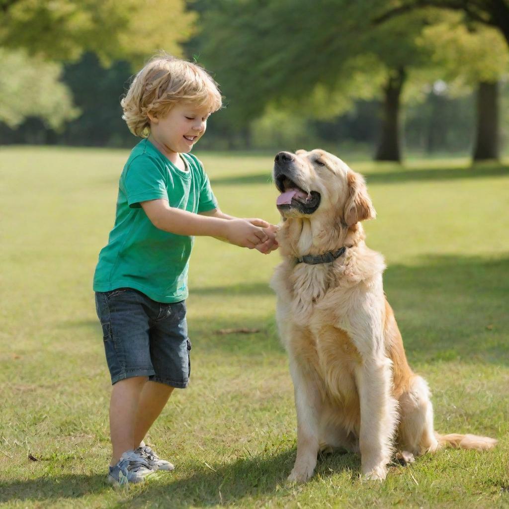 A young boy joyfully playing with his loyal golden retriever in a sunny lush green park.