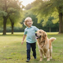 A young boy joyfully playing with his loyal golden retriever in a sunny lush green park.