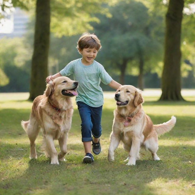 A young boy joyfully playing with his loyal golden retriever in a sunny lush green park.