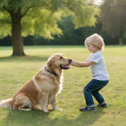 A young boy joyfully playing with his loyal golden retriever in a sunny lush green park.