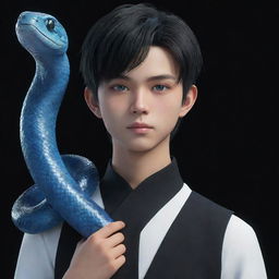 A 3D animated serious Asian teenage boy, clothed in black aesthetic attire, featuring stunning blue eyes, with an ice snake resting elegantly on his shoulder.