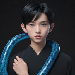 A 3D animated serious Asian teenage boy, clothed in black aesthetic attire, featuring stunning blue eyes, with an ice snake resting elegantly on his shoulder.