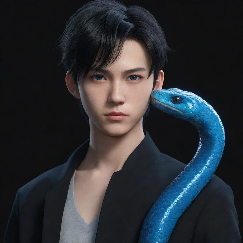 A 3D animated serious Asian teenage boy, clothed in black aesthetic attire, featuring stunning blue eyes, with an ice snake resting elegantly on his shoulder.