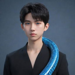 A 3D animated serious Asian teenage boy, clothed in black aesthetic attire, featuring stunning blue eyes, with an ice snake resting elegantly on his shoulder.