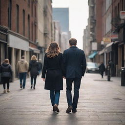 Two lovers strolling hand in hand through a bustling city street full of life, sharing intimate moments against an urban cityscape backdrop