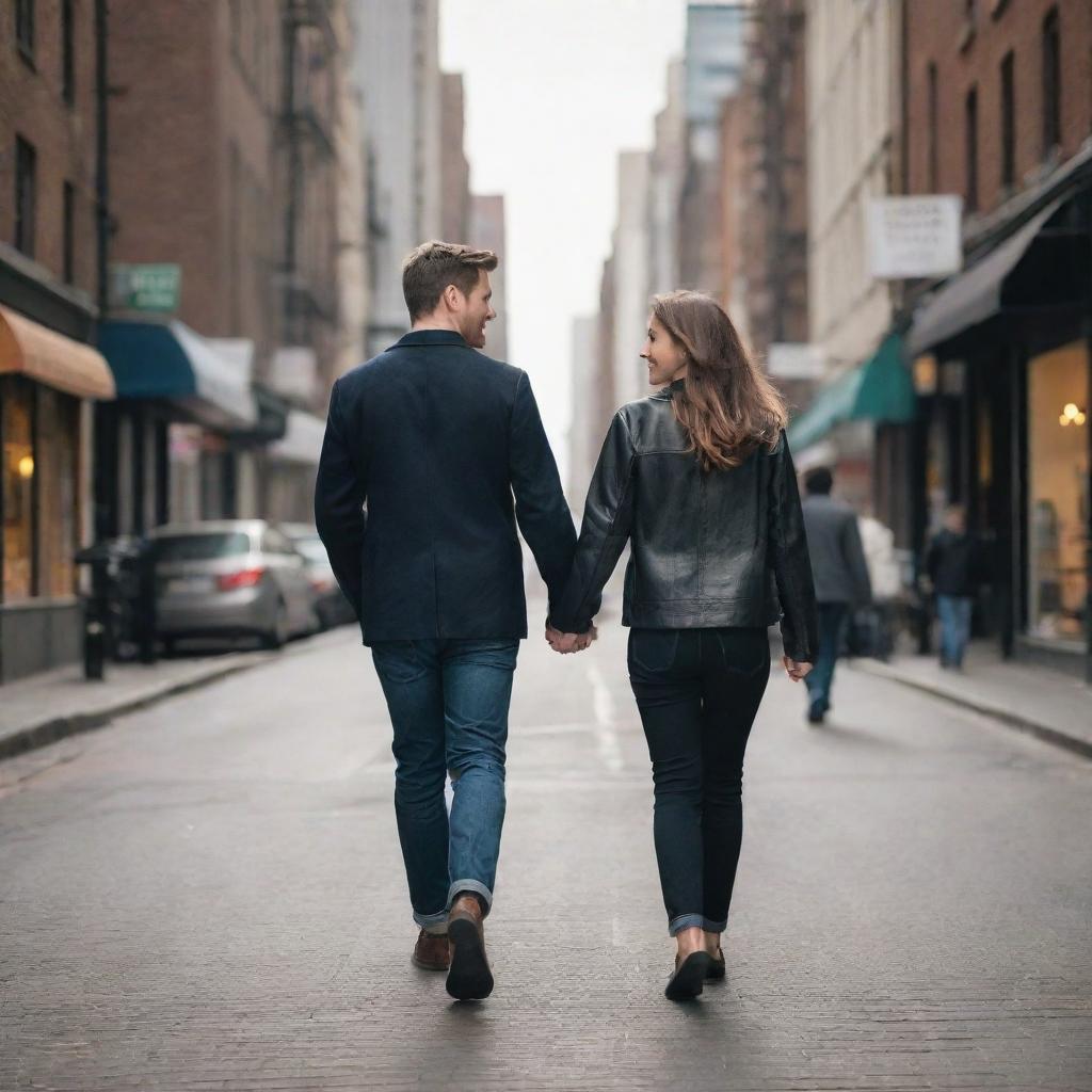 Two lovers strolling hand in hand through a bustling city street full of life, sharing intimate moments against an urban cityscape backdrop