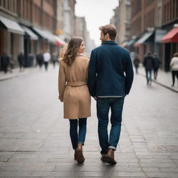 Two lovers strolling hand in hand through a bustling city street full of life, sharing intimate moments against an urban cityscape backdrop