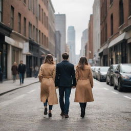 Two lovers strolling hand in hand through a bustling city street full of life, sharing intimate moments against an urban cityscape backdrop