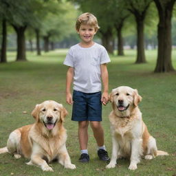 The same boy and his golden retriever, now visibly older, still sharing joyful moments in the same lush green park transformed by the passage of time.