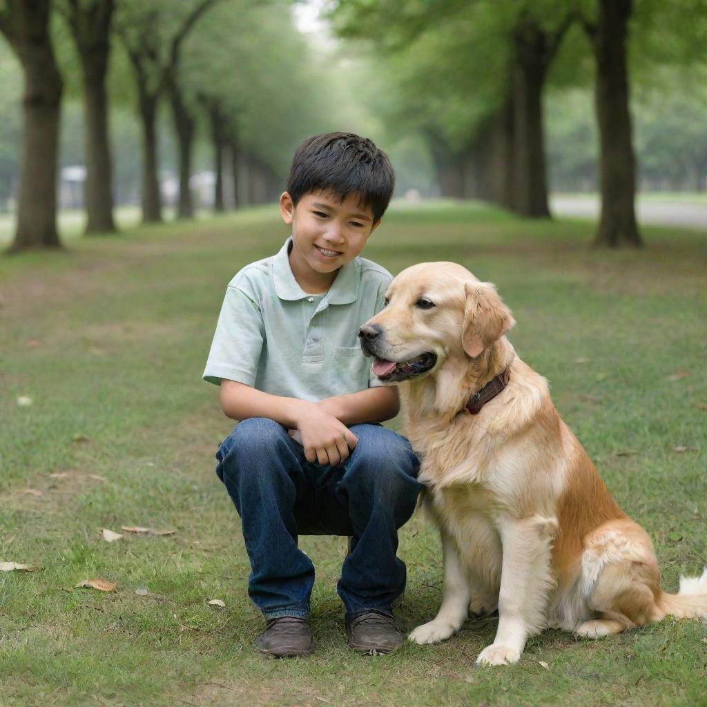 The same boy and his golden retriever, now visibly older, still sharing joyful moments in the same lush green park transformed by the passage of time.