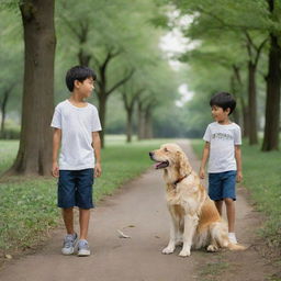 The same boy and his golden retriever, now visibly older, still sharing joyful moments in the same lush green park transformed by the passage of time.