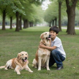 The same boy and his golden retriever, now visibly older, still sharing joyful moments in the same lush green park transformed by the passage of time.