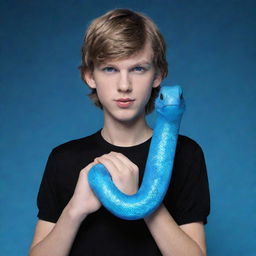 A 3D animated version of Taylor Swift as a serious teenage boy, dressed in black aesthetic attire, displaying vibrant blue eyes, cradling an ice snake in his hands.