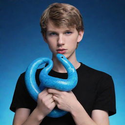 A 3D animated version of Taylor Swift as a serious teenage boy, dressed in black aesthetic attire, displaying vibrant blue eyes, cradling an ice snake in his hands.