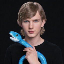 A 3D animated version of Taylor Swift as a serious teenage boy, dressed in black aesthetic attire, displaying vibrant blue eyes, cradling an ice snake in his hands.