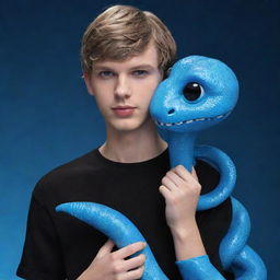 A 3D animated version of Taylor Swift as a serious teenage boy, dressed in black aesthetic attire, displaying vibrant blue eyes, cradling an ice snake in his hands.