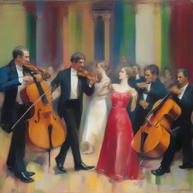 The painting captured the essence of a theater's orchestra, with each musician depicted in vibrant colors and graceful movements.