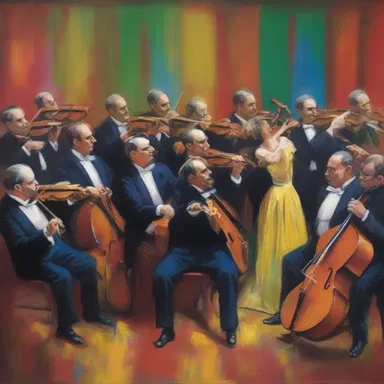 The painting captured the essence of a theater's orchestra, with each musician depicted in vibrant colors and graceful movements.