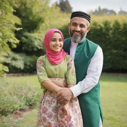 A cheerful Muslim girl in a colourful hijab, playing in a lush green garden, with her loving father, both wearing traditional clothing, enjoying a sunny day.