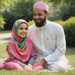 A cheerful Muslim girl in a colourful hijab, playing in a lush green garden, with her loving father, both wearing traditional clothing, enjoying a sunny day.