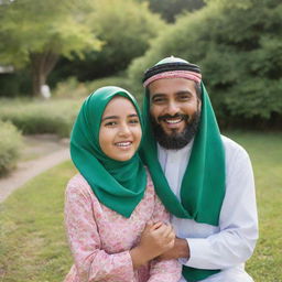 A cheerful Muslim girl in a colourful hijab, playing in a lush green garden, with her loving father, both wearing traditional clothing, enjoying a sunny day.