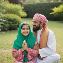 A cheerful Muslim girl in a colourful hijab, playing in a lush green garden, with her loving father, both wearing traditional clothing, enjoying a sunny day.