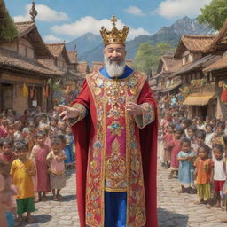 An animated king, vibrantly clad in regalia, displaying his majestic authority in the heart of a lively and colorful village, surrounded by animated villagers