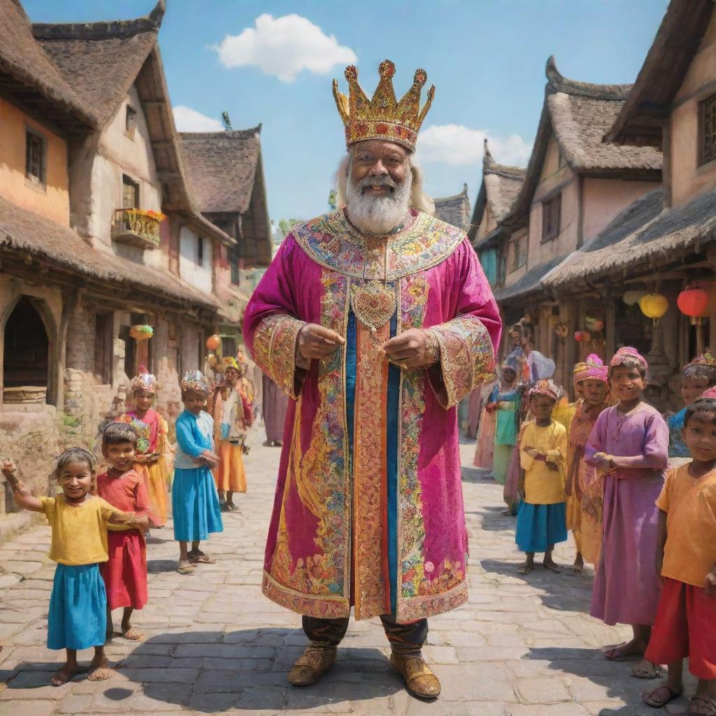 An animated king, vibrantly clad in regalia, displaying his majestic authority in the heart of a lively and colorful village, surrounded by animated villagers