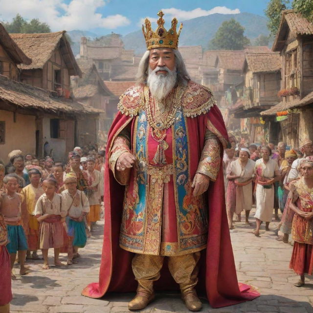 An animated king, vibrantly clad in regalia, displaying his majestic authority in the heart of a lively and colorful village, surrounded by animated villagers