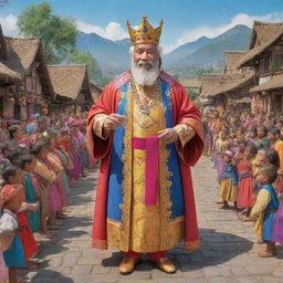 An animated king, vibrantly clad in regalia, displaying his majestic authority in the heart of a lively and colorful village, surrounded by animated villagers