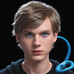 A 3D animated representation of Taylor Swift as a serious teenage boy, donned in black aesthetic attire, with piercing blue eyes, and an ice snake coiled around his neck.