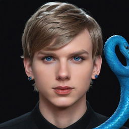 A 3D animated representation of Taylor Swift as a serious teenage boy, donned in black aesthetic attire, with piercing blue eyes, and an ice snake coiled around his neck.