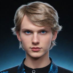 A 3D animated representation of Taylor Swift as a serious teenage boy, donned in black aesthetic attire, with piercing blue eyes, and an ice snake coiled around his neck.