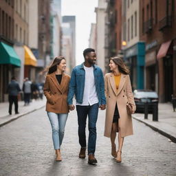 A couple in love strolling hand in hand through a bustling and vibrant city street, sharing moments of connection against the captivating urban cityscape.