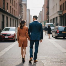 A couple in love strolling hand in hand through a bustling and vibrant city street, sharing moments of connection against the captivating urban cityscape.