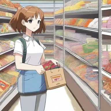 In the anime series, the main character often goes to the supermarket to buy snacks.