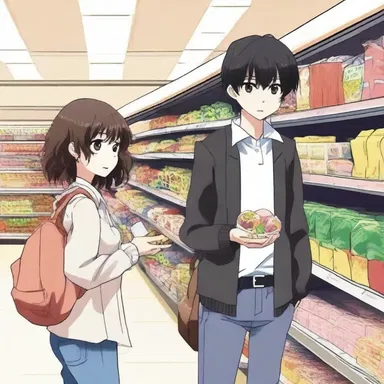 In the anime series, the main character often goes to the supermarket to buy snacks.