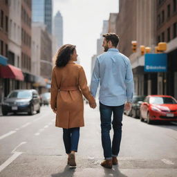 A couple in love strolling hand in hand through a bustling and vibrant city street, sharing moments of connection against the captivating urban cityscape.