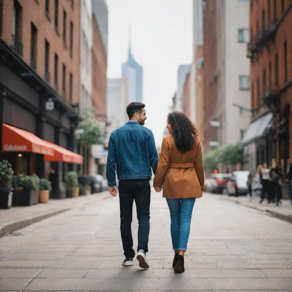 A couple in love strolling hand in hand through a bustling and vibrant city street, sharing moments of connection against the captivating urban cityscape.