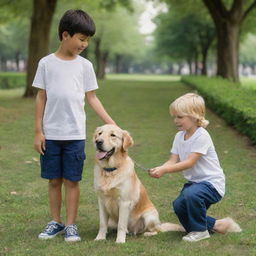 The same boy and his golden retriever, now visibly older, still sharing joyful moments in the same lush green park transformed by the passage of time.