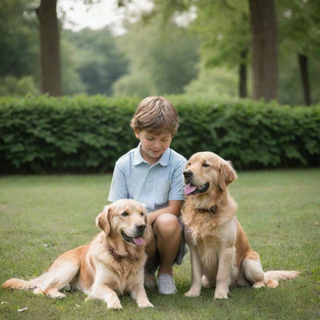 The same boy and his golden retriever, now visibly older, still sharing joyful moments in the same lush green park transformed by the passage of time.