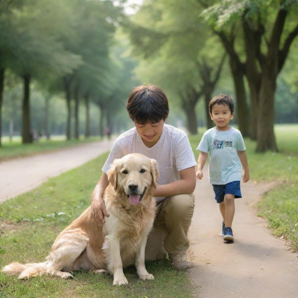 The same boy and his golden retriever, now visibly older, still sharing joyful moments in the same lush green park transformed by the passage of time.