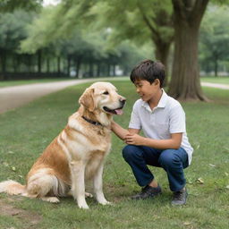 The same boy and his golden retriever, now visibly older, still sharing joyful moments in the same lush green park transformed by the passage of time.