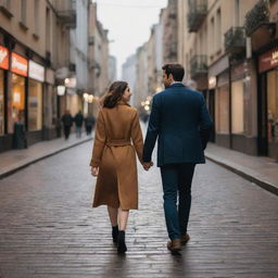 A romantic scene of two lovers walking hand in hand through energetic city streets, immersed in urban life, creating a bond amid the dynamics of the metropolis.