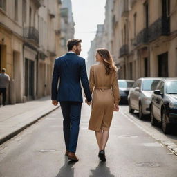 A romantic scene of two lovers walking hand in hand through energetic city streets, immersed in urban life, creating a bond amid the dynamics of the metropolis.