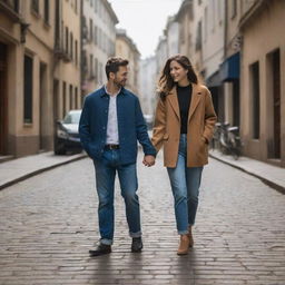 A romantic scene of two lovers walking hand in hand through energetic city streets, immersed in urban life, creating a bond amid the dynamics of the metropolis.