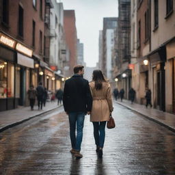 A romantic scene of two lovers walking hand in hand through energetic city streets, immersed in urban life, creating a bond amid the dynamics of the metropolis.