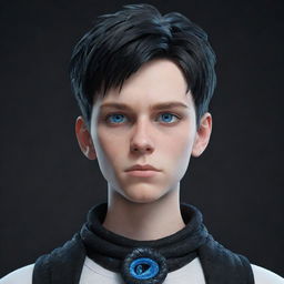 A 3D animated depiction of a serious teenage boy, clothed in stylish black aesthetic attire, showcasing intense blue eyes, with an icy serpent coiled around his neck.