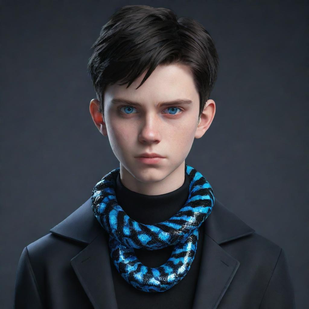 A 3D animated depiction of a serious teenage boy, clothed in stylish black aesthetic attire, showcasing intense blue eyes, with an icy serpent coiled around his neck.