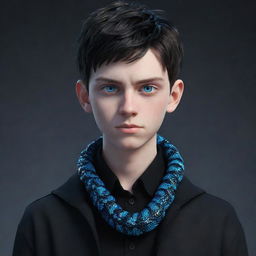 A 3D animated depiction of a serious teenage boy, clothed in stylish black aesthetic attire, showcasing intense blue eyes, with an icy serpent coiled around his neck.